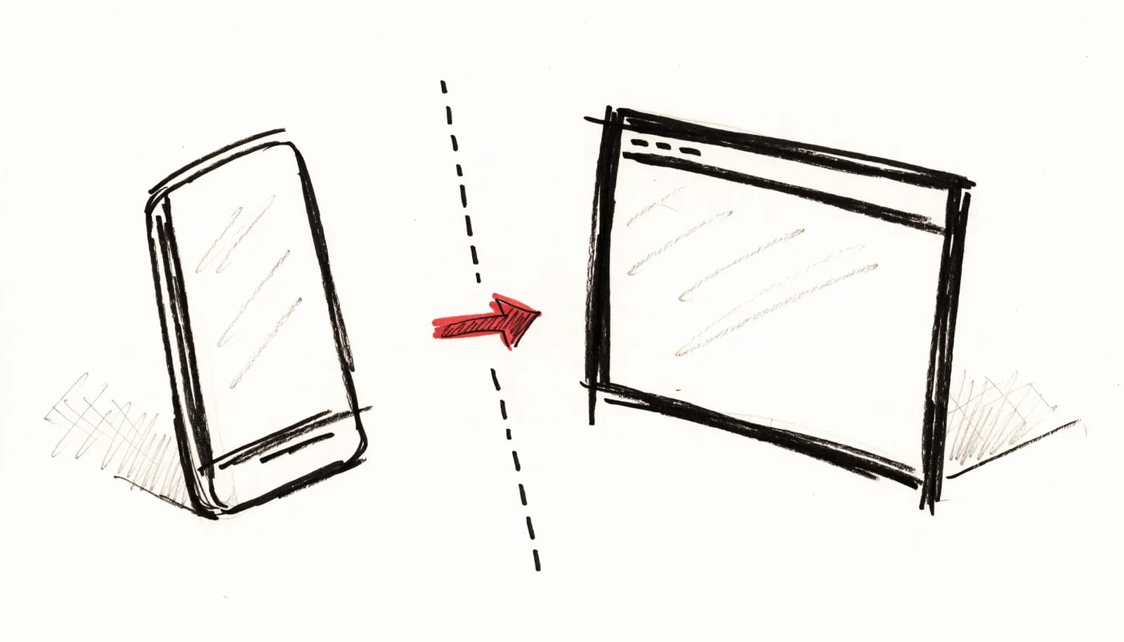 Croquis à l'encre : un téléphone et une fenêtre de navigateur séparés par un trait pointillé, avec une flèche rouge entre les deux.
