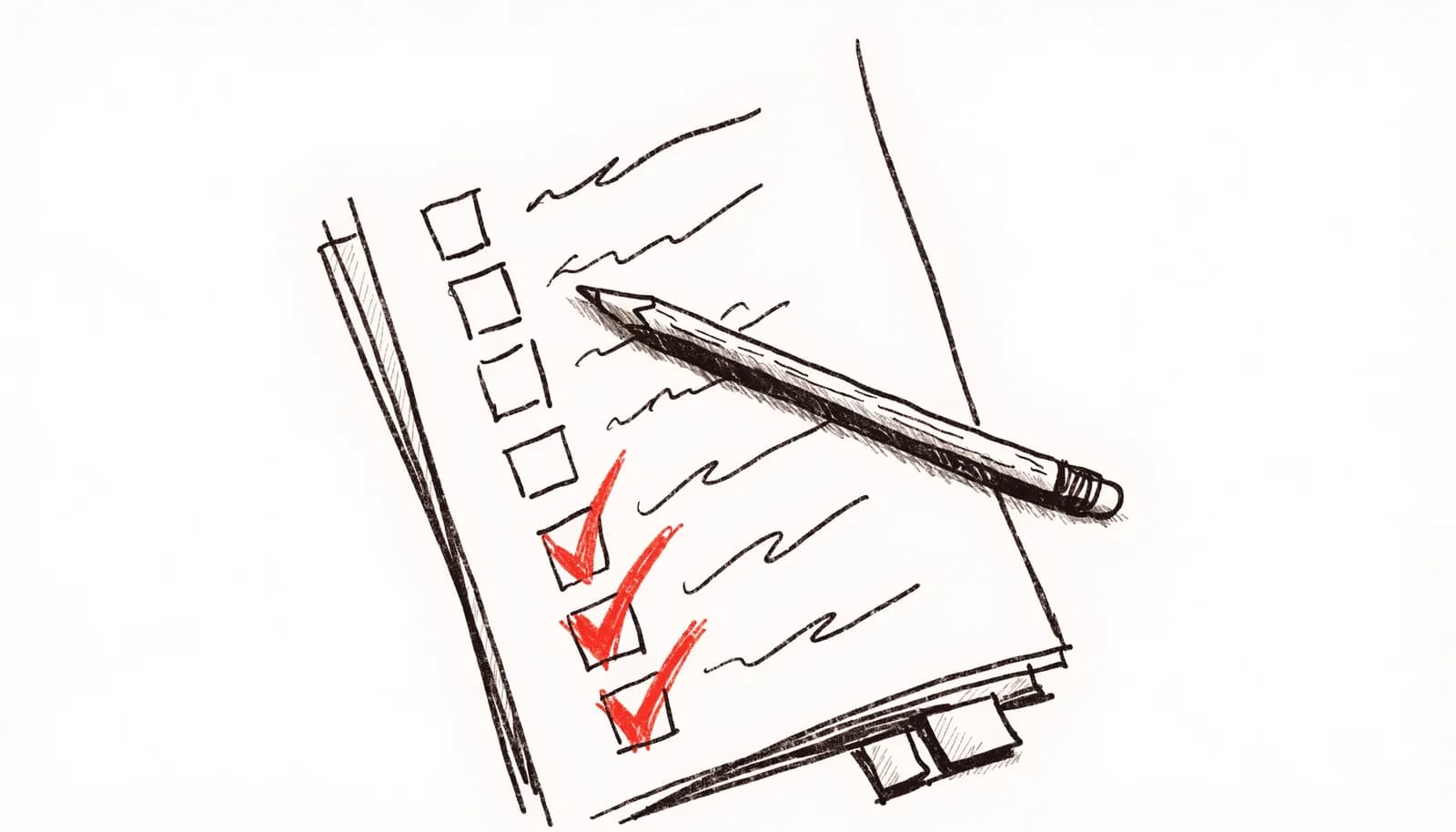 Croquis à l'encre : une page de carnet avec une liste de cases à cocher, trois coches rouges et un crayon posé en diagonale.