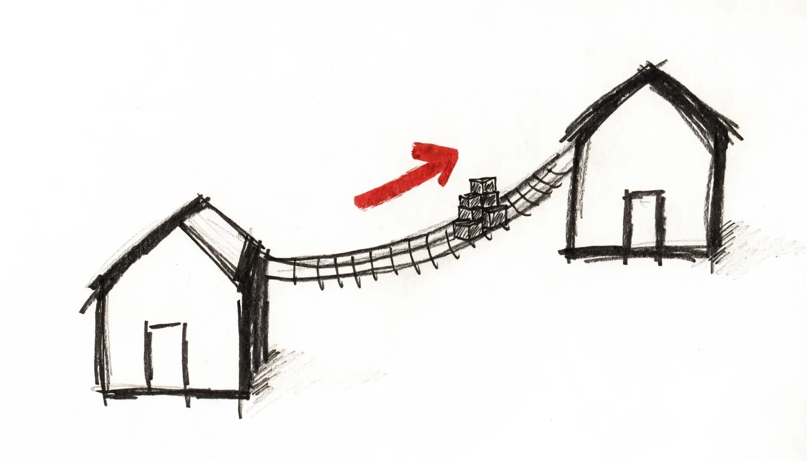 Croquis à l'encre : deux maisons reliées par une passerelle de corde, des caisses de déménagement traversant vers la droite.