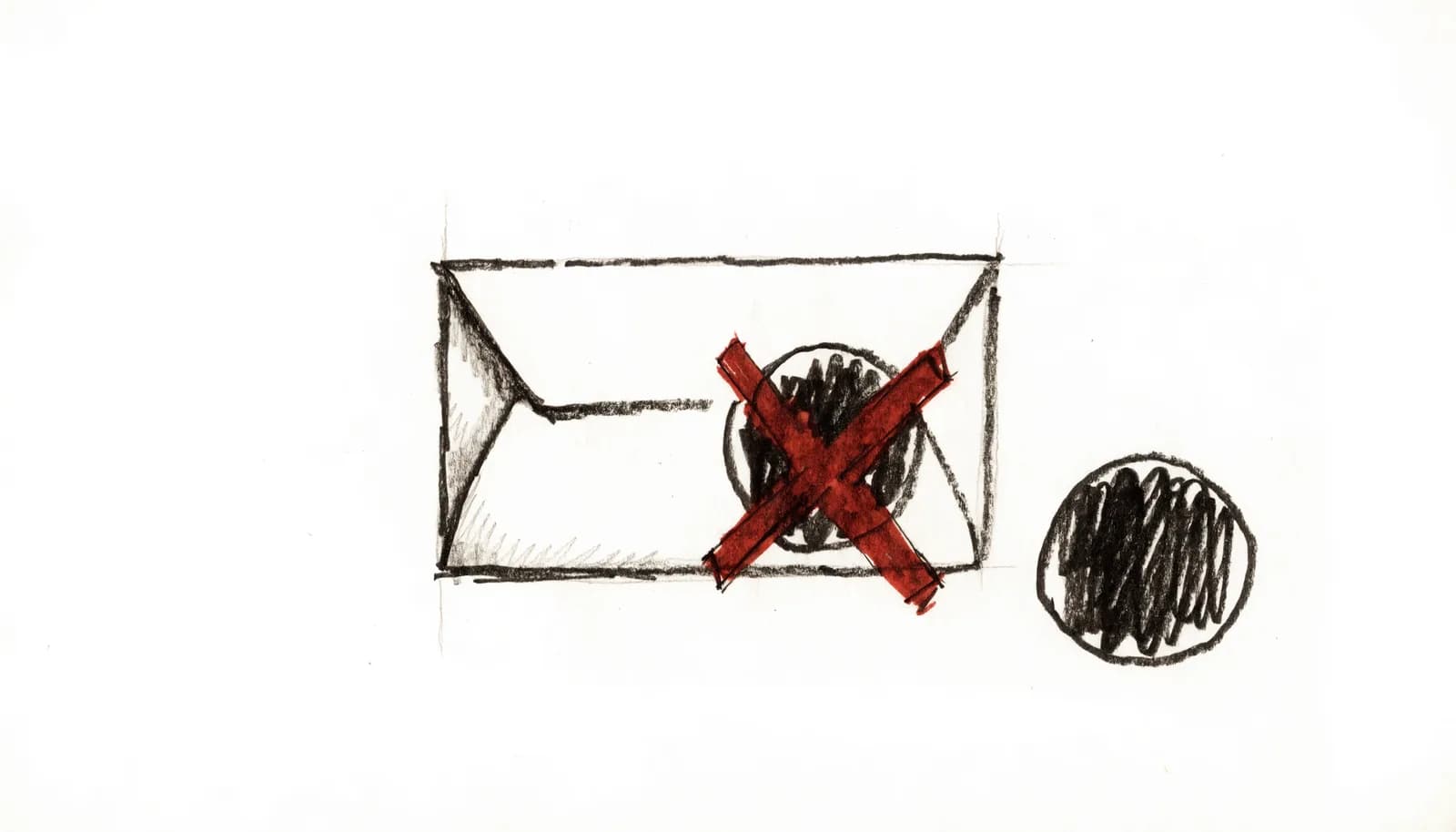 Croquis à l'encre : une enveloppe dont le tampon est barré d'une croix rouge, à côté d'un second tampon intact.