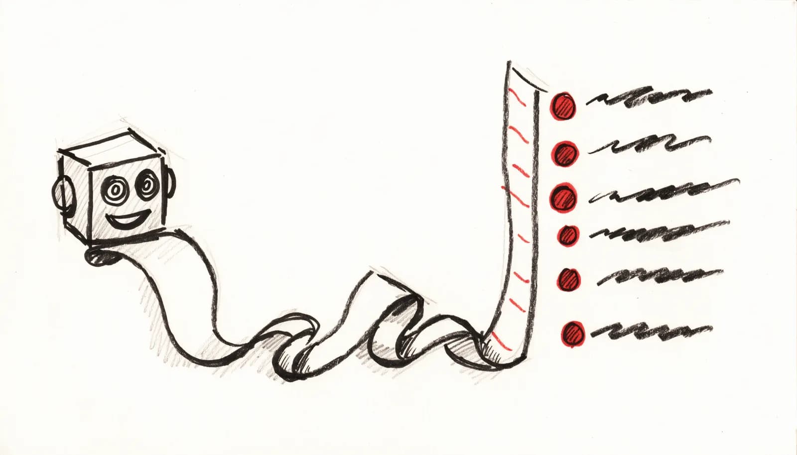 Croquis à l'encre : un petit robot lit un long parchemin qui se transforme en liste ordonnée à puces rouges.